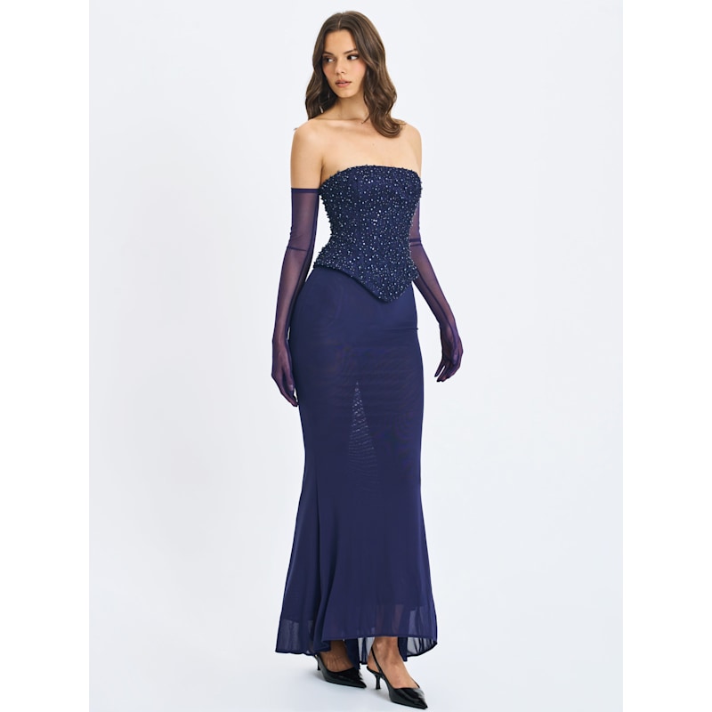 Orabelle Navy Beaded Peplum Mermaid Maxi Gown With Lace-Up Back | Miss ...