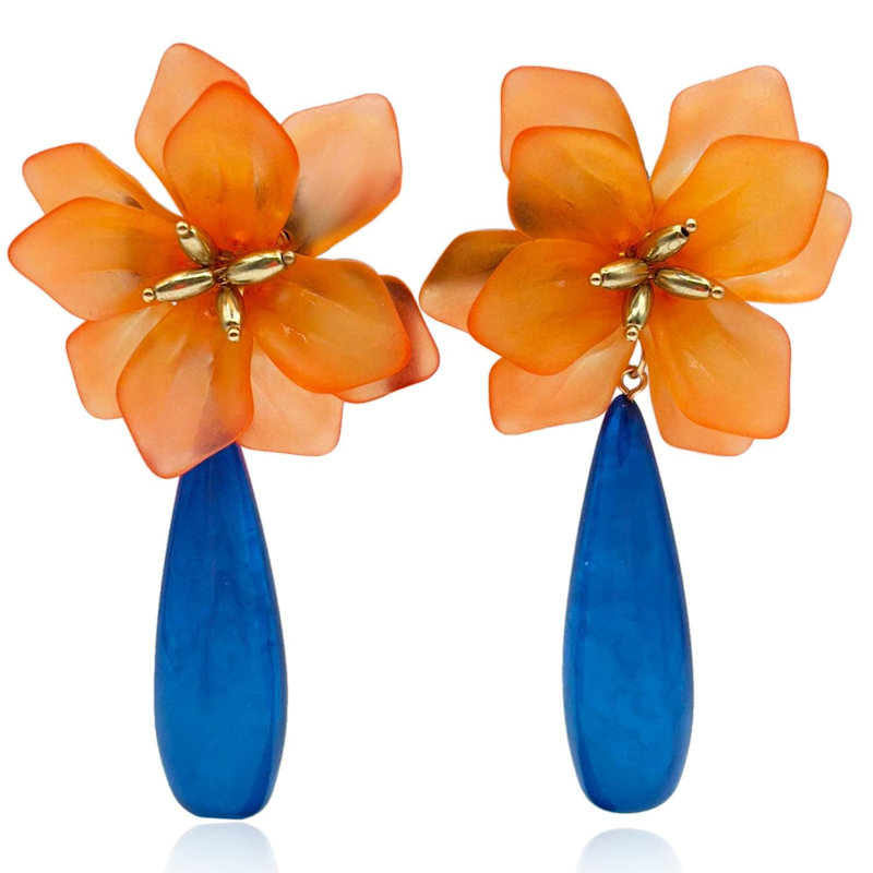 Thumbnail of Flora Orange Resin Floral Clip On Earring With Blue Drop image