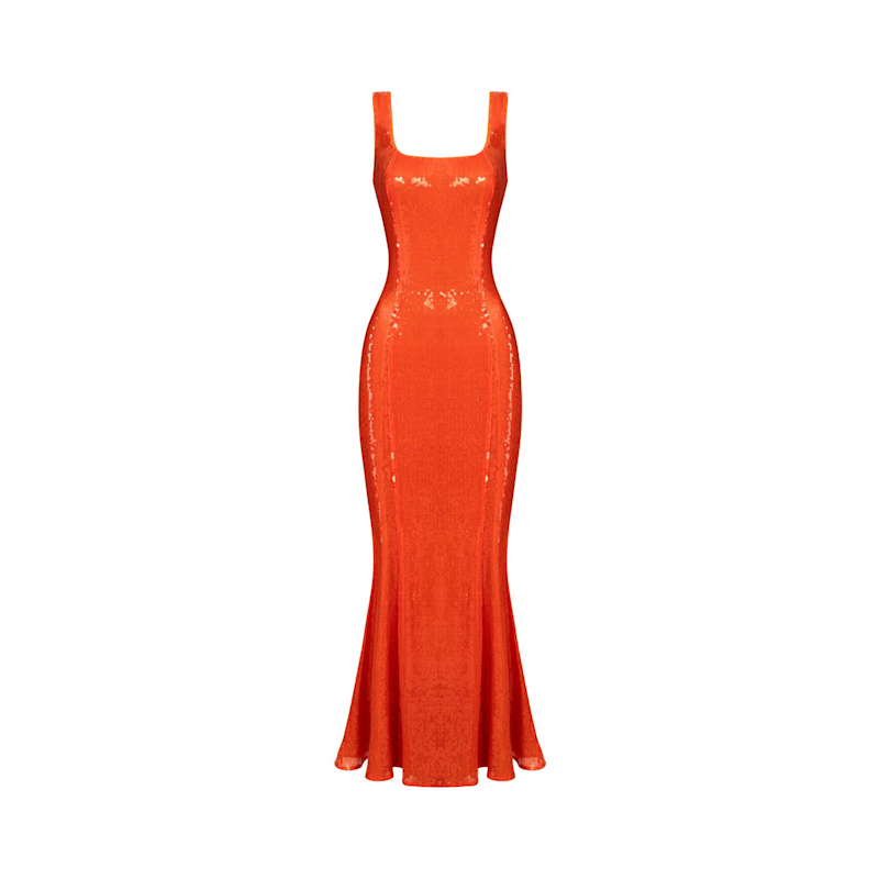 Orange Sequin Tie-Back Midi Dress | ELSAVA | Wolf & Badger