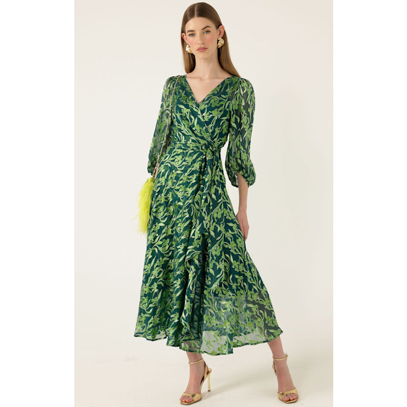 Sacha Drake Orchid Wrap Dress In Emerald Botanical - Green