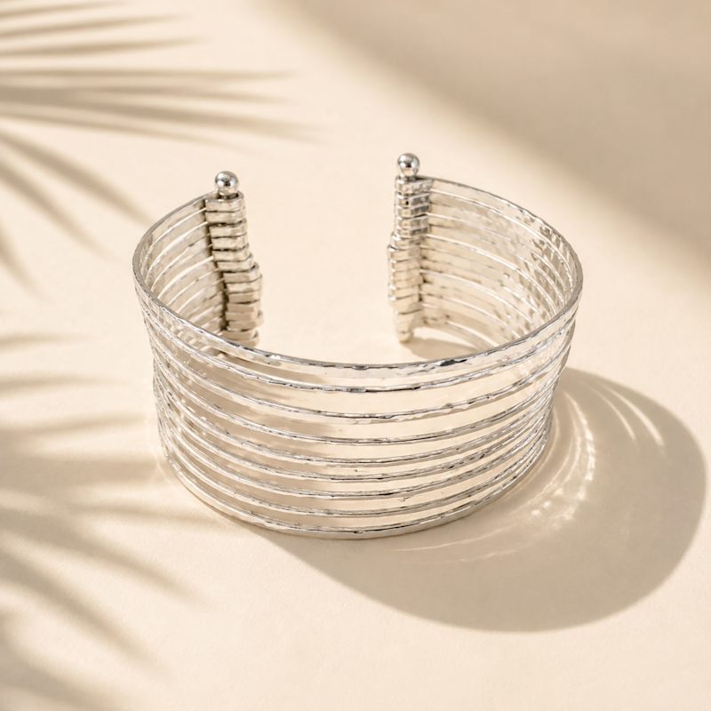 Thumbnail of Organic Hammered Wire Cuff Bracelet | Semi-Matte Silver Plated Statement Open Bangle image