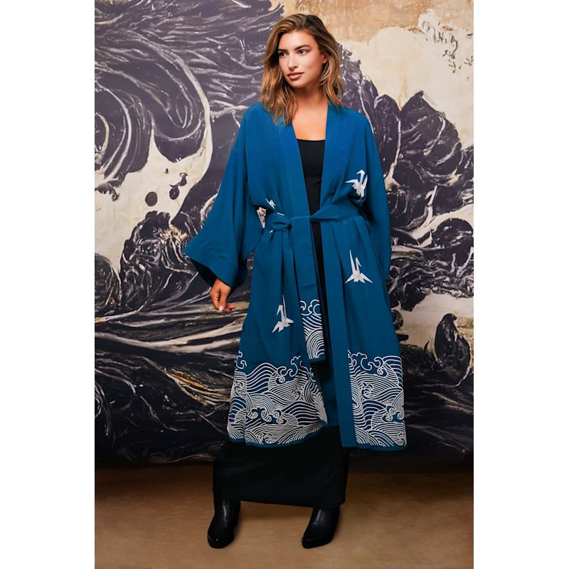 Origami & Hokusai Wave Embroidered Fully Lined Deep Teal Long