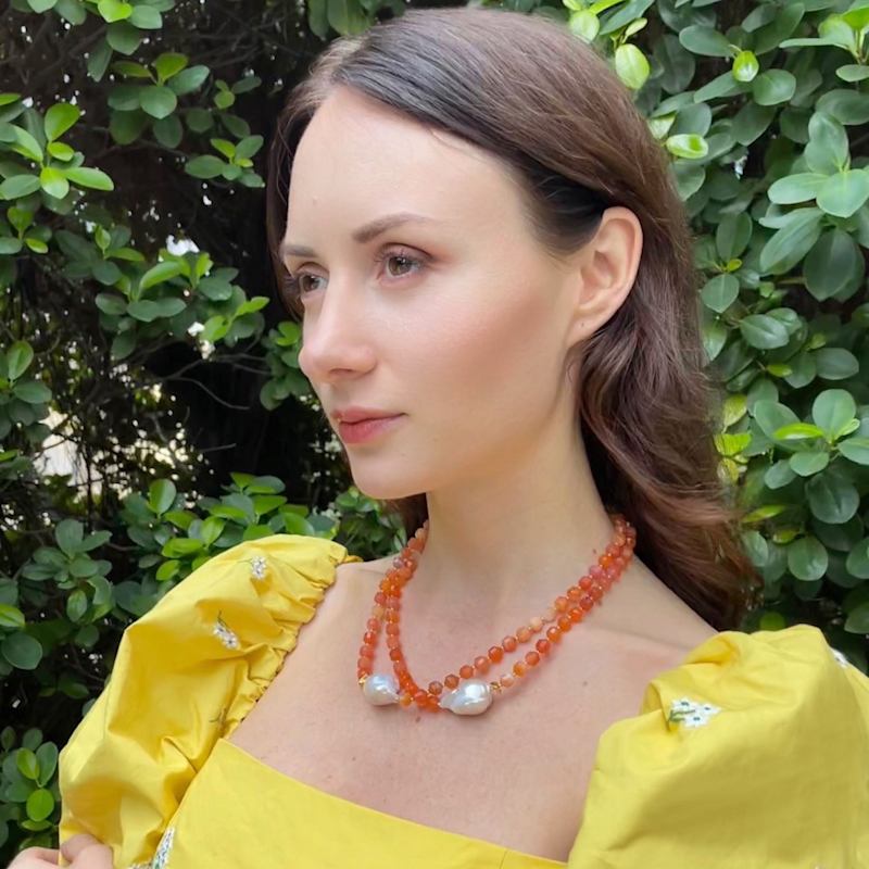 Thumbnail of Orange Agate With Baroque Pearls Double Strands Necklace image