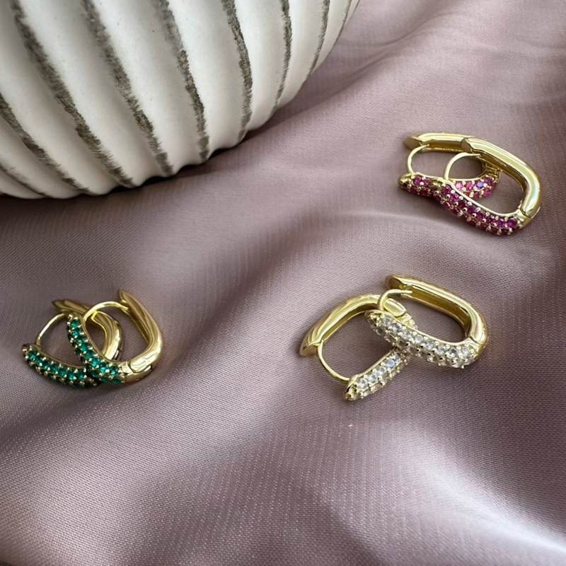 Thumbnail of Oval Pave Gemstone Gold Huggie Earrings - Ruby Pink image