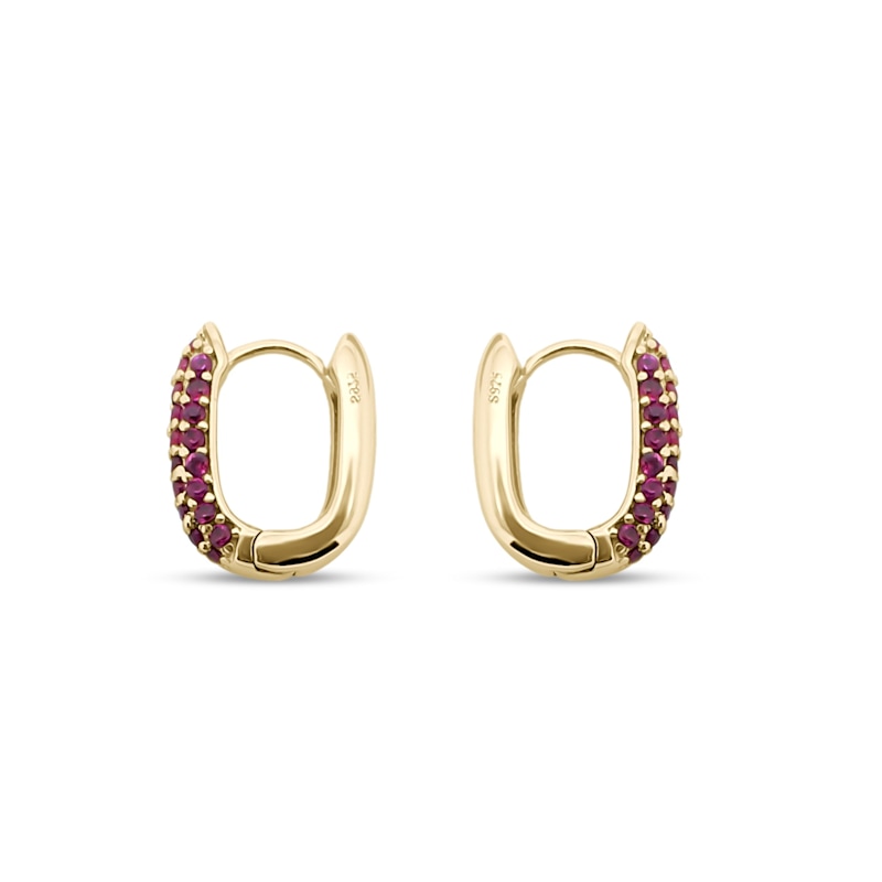 Thumbnail of Oval Pave Gemstone Gold Huggie Earrings - Ruby Pink image
