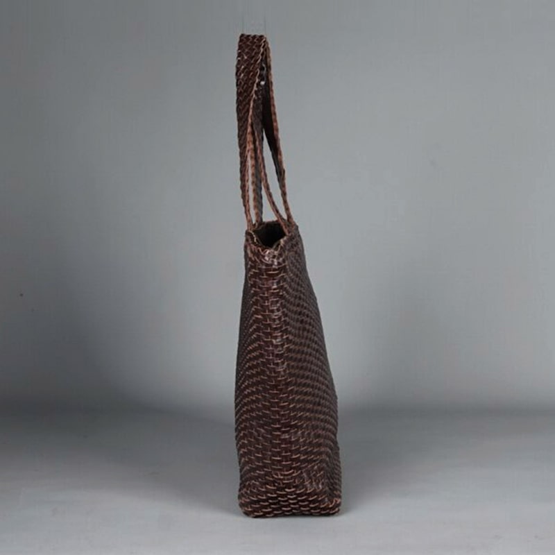Thumbnail of Large Woven Leather Tote Shopping Bag - Dark Brown image
