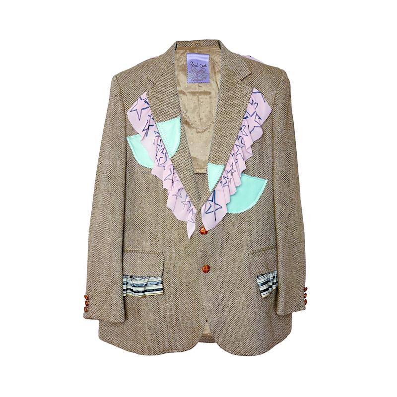 Oversized Collage Ruffle Tweed Blazer Acid Cat Wolf Badger
