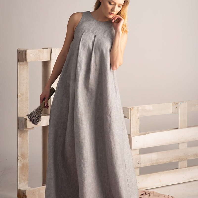 Thumbnail of Oversized Linen Kaftan Dress With Pockets In Gray Melange image