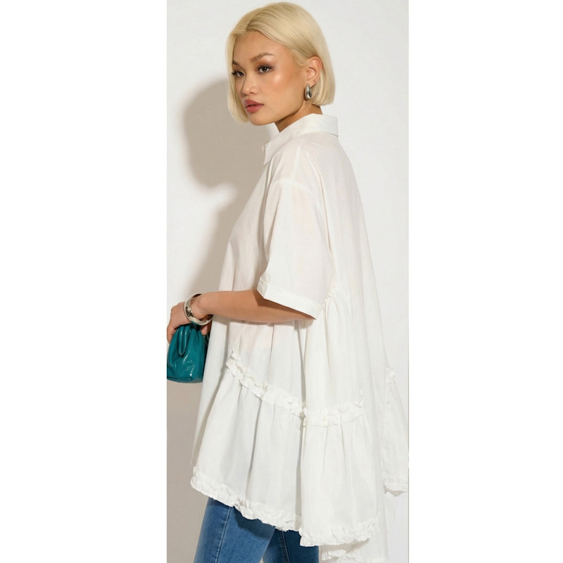 Thumbnail of Oversized Shirt Dress With Ruffle Hem In White image