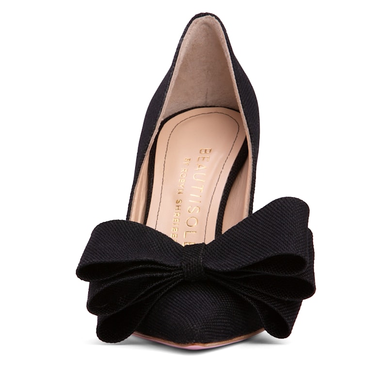 Thumbnail of Oxsana Black Linen & Leather Comfortable Work Evening Party Stiletto Heel Pump image