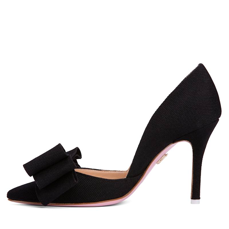 Thumbnail of Oxsana Black Linen & Leather Comfortable Work Evening Party Stiletto Heel Pump image