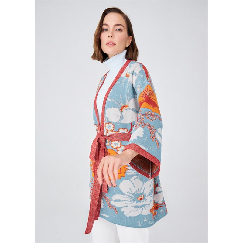 Floral Pattern Shimmer Detailed Short Knit Kimono - Orange
