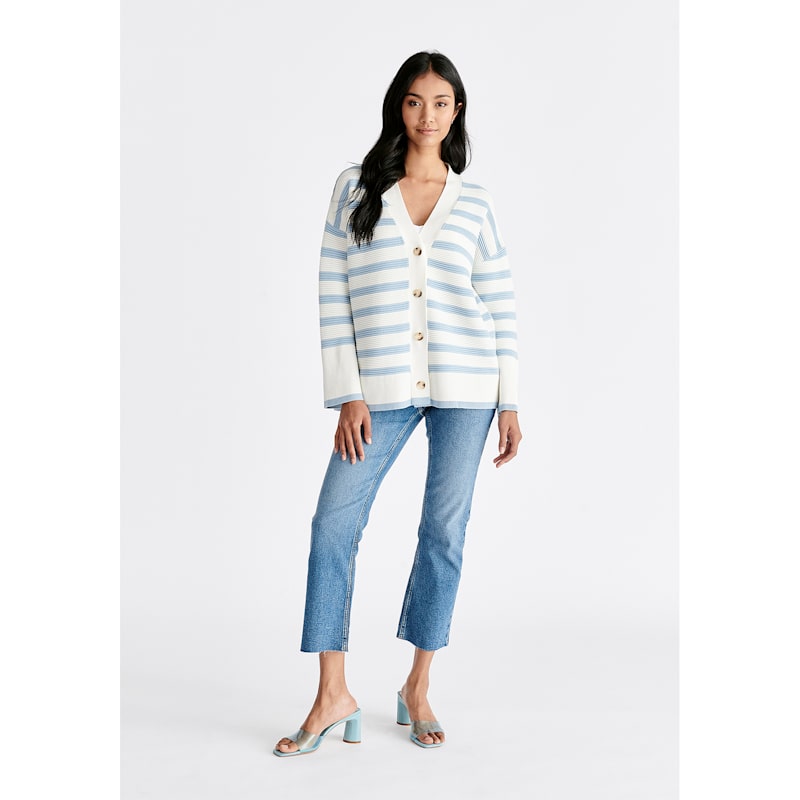 Thumbnail of Paisie Striped Ribbed Cardigan In White & Light Blue image