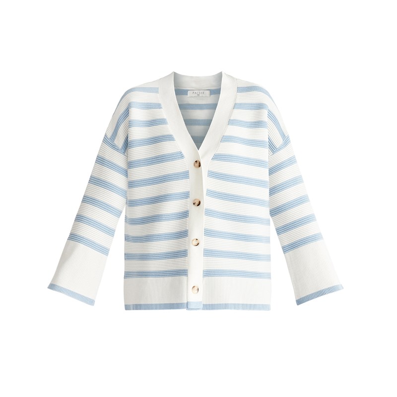 Thumbnail of Paisie Striped Ribbed Cardigan In White & Light Blue image