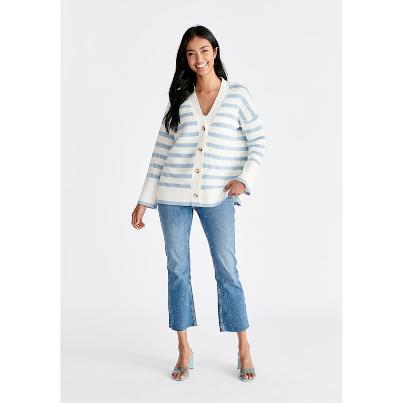 Thumbnail of Paisie Striped Ribbed Cardigan In White & Light Blue image