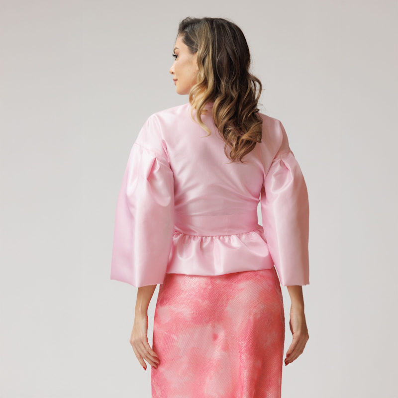 Thumbnail of Pale Pink Taffeta Top With Puff Sleeves And Drawstring image