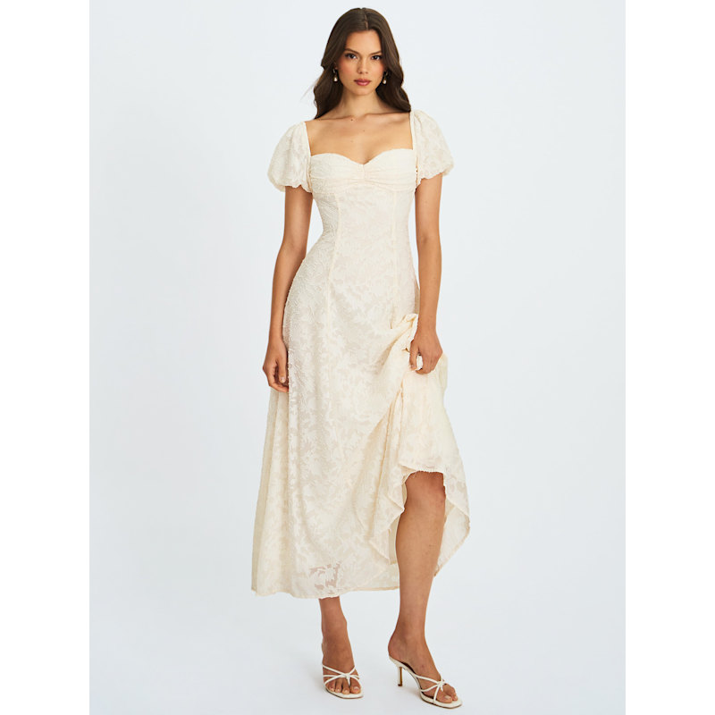 Thumbnail of Pandora White Bubble Sleeve Backless Maxi Dress image