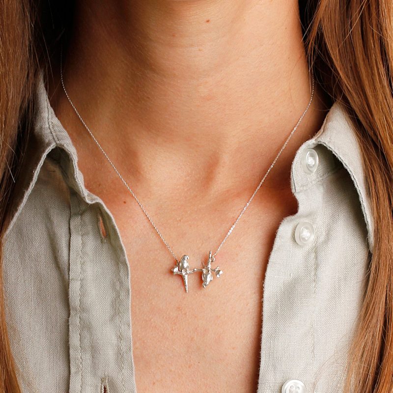 Thumbnail of Parakeet Necklace – Two Friends On A Branch – Silver image