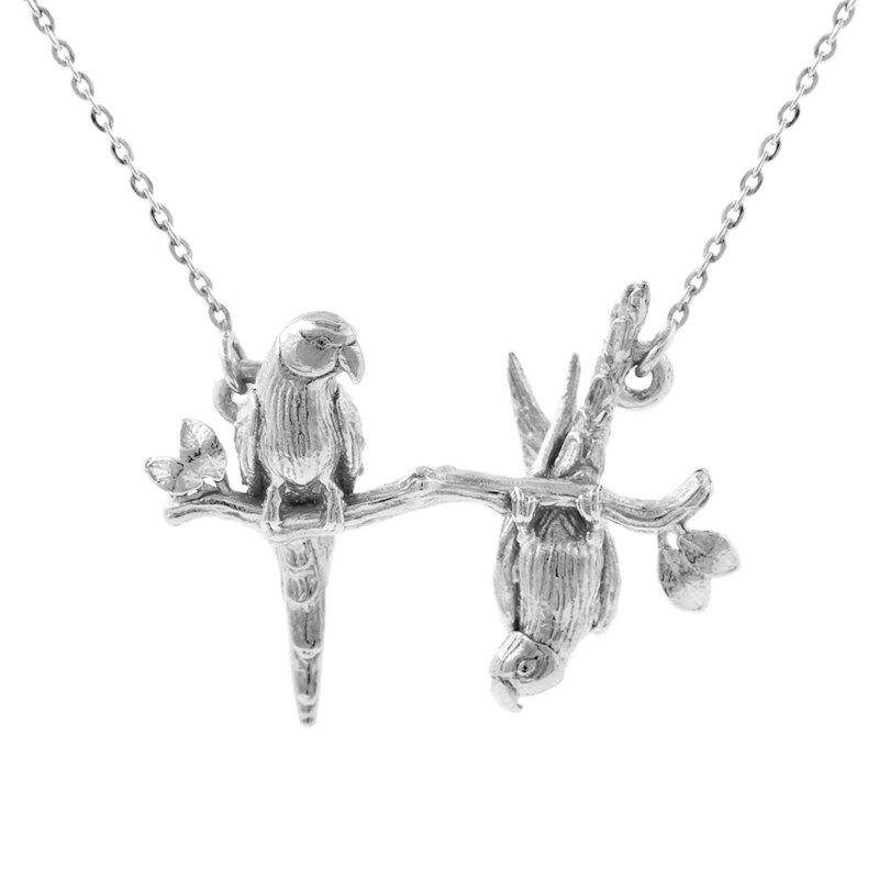 Thumbnail of Parakeet Necklace – Two Friends On A Branch – Silver image