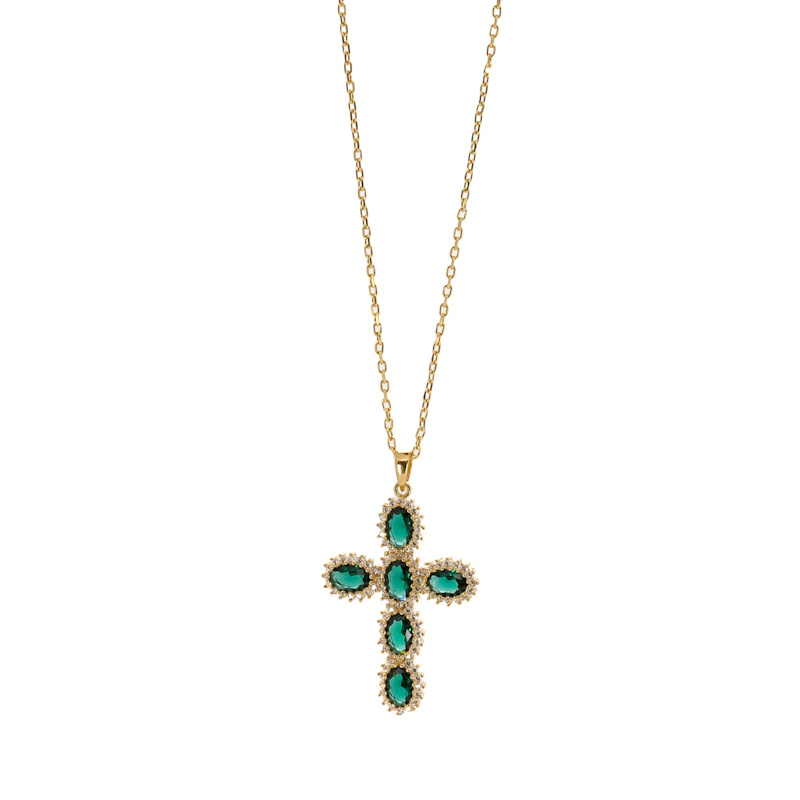 Thumbnail of Passion Diamond & Green Jade Stone Cross Pendant Necklace - Green image
