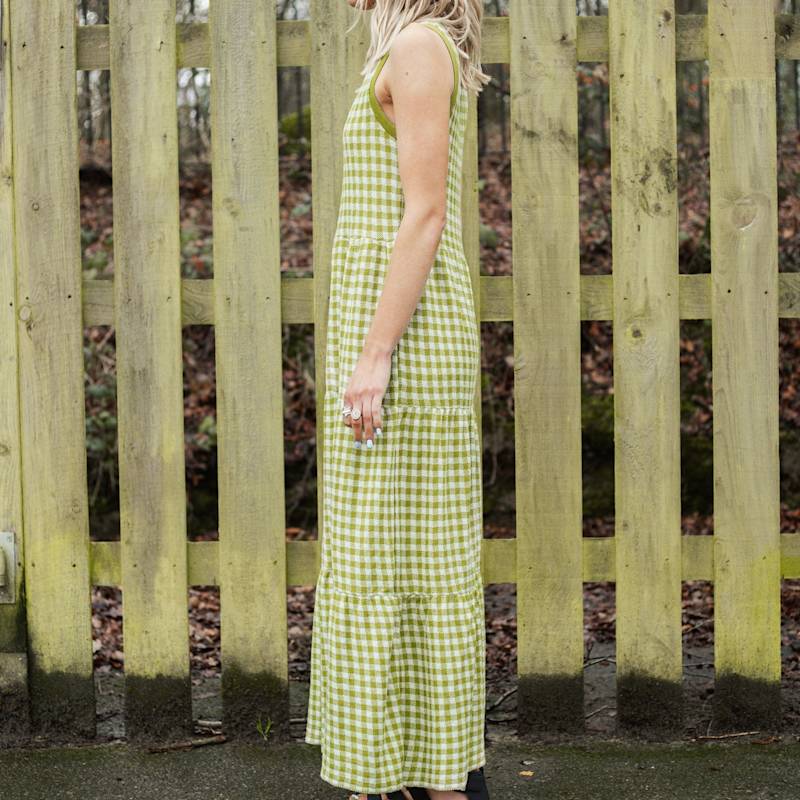Paula Gingham Summer Cotton Knitted Midi Dress - Green | Cara