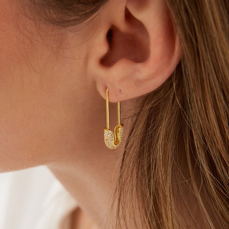 Thumbnail of Pave Safety Pin Earrings Jewelled Sterling Silver - Gold image