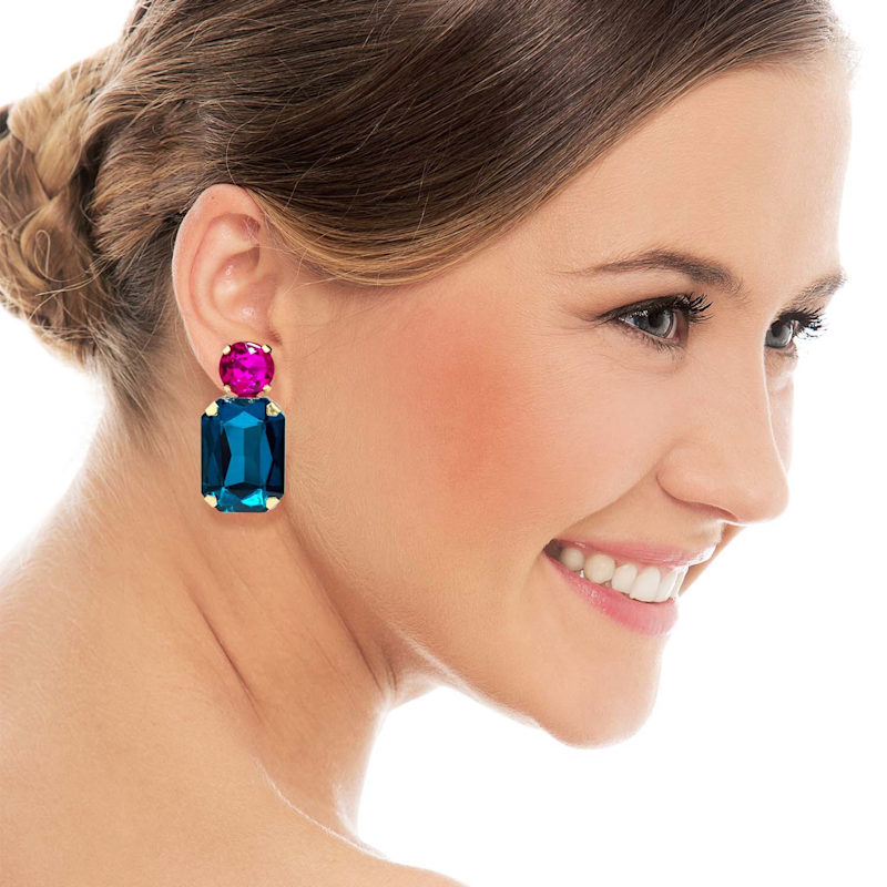 Thumbnail of Adelle Peacock Blue Crystal Ocatgon And Fuschia Round Stone Drop Earrings image