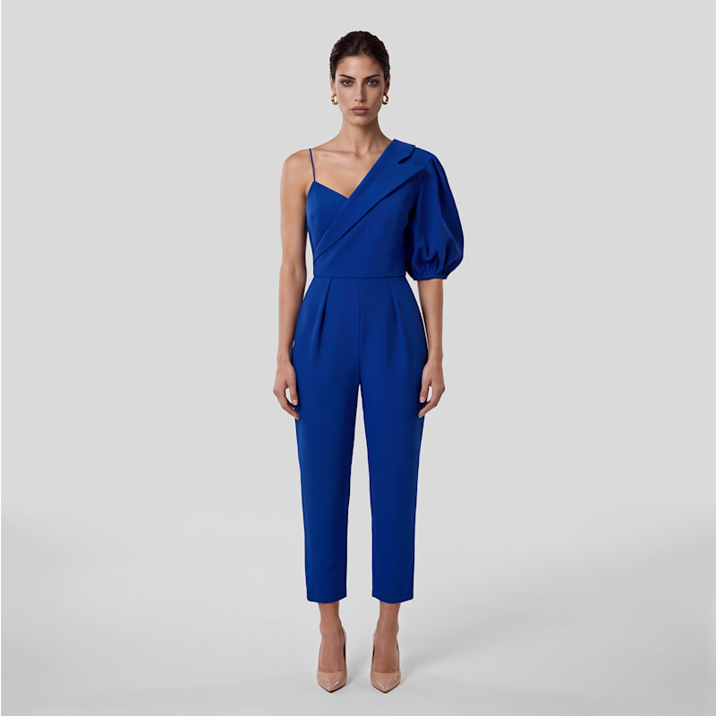 Thumbnail of Peak Lapel Puff Sleeve Crepe Jumpsuit - Royal Blue image