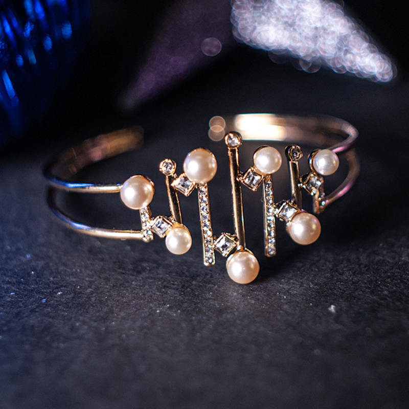 Thumbnail of Pearl & Crystal Gold Statement Bangle Bracelet, Series Pearl Light image