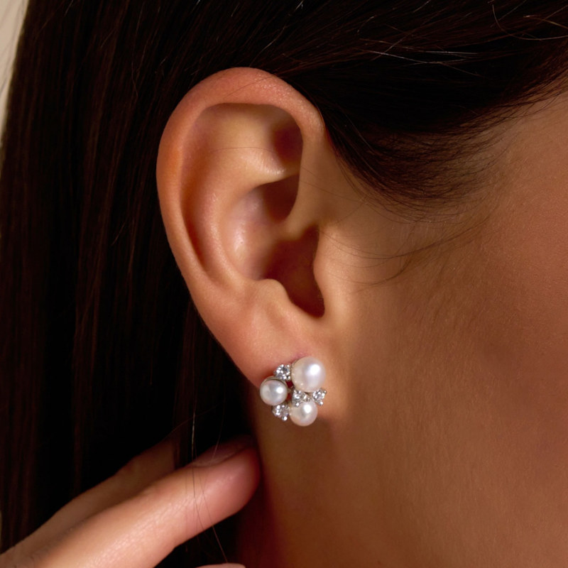 Thumbnail of Pearl & Cubic Zirconia Triple Cluster Stud Earrings image