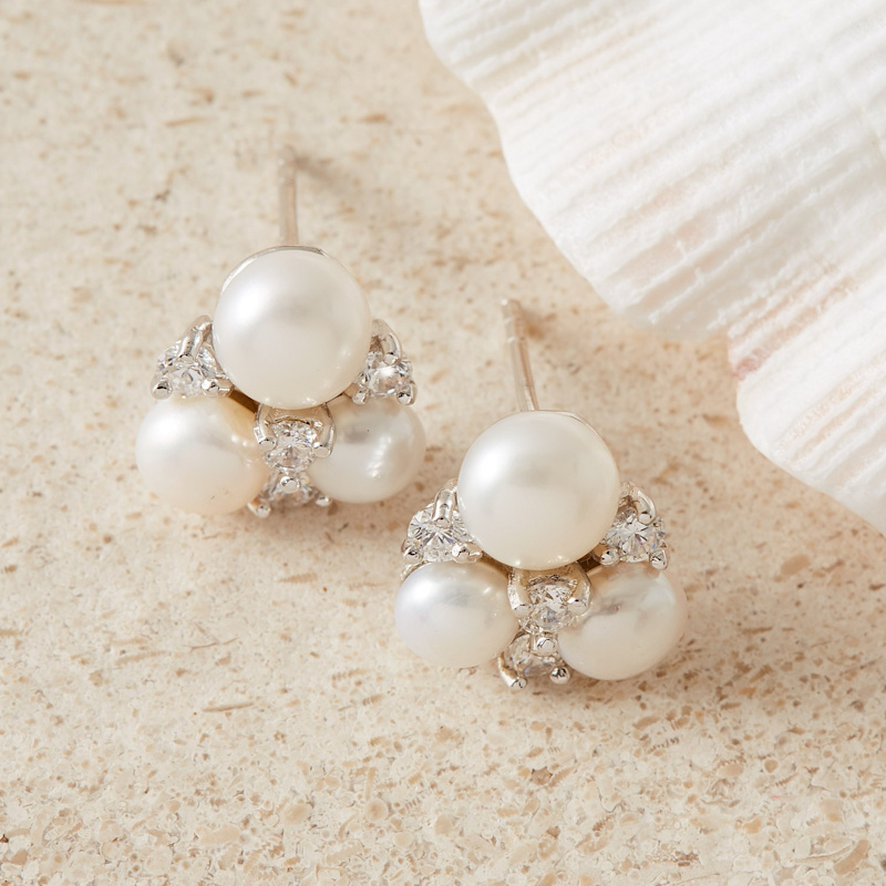 Thumbnail of Pearl & Cubic Zirconia Triple Cluster Stud Earrings image