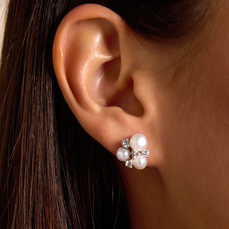 Thumbnail of Pearl & Cubic Zirconia Triple Cluster Stud Earrings image