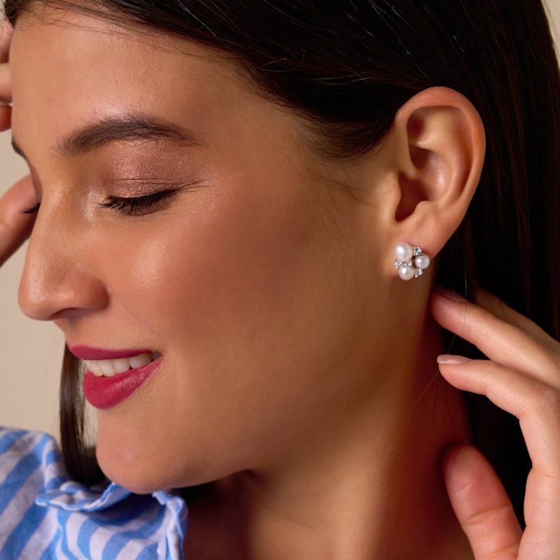 Thumbnail of Pearl & Cubic Zirconia Triple Cluster Stud Earrings image