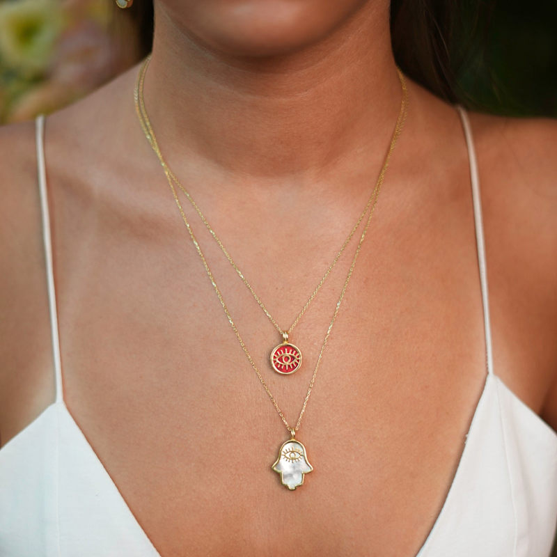 Pearl Divine Hamsa & Evil Eye Pendant Gold Vermeil Chain Necklace