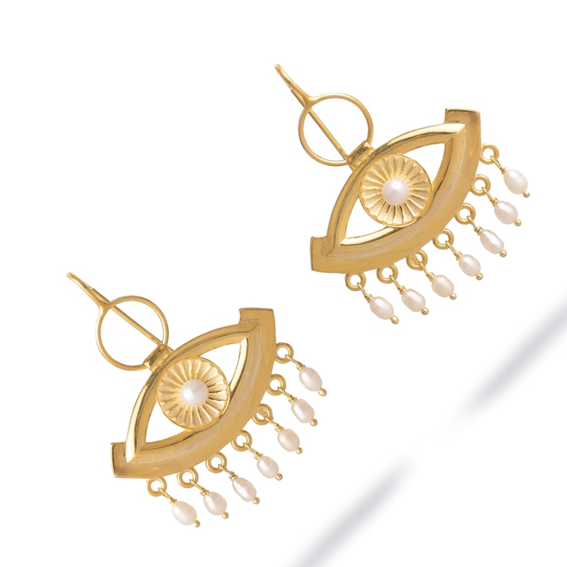 Thumbnail of Pearl Vision Evil Eye Gold Dangle Earrings - Gold image