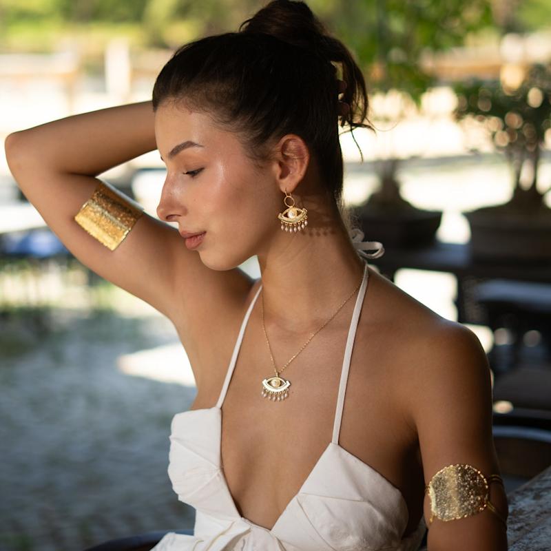 Thumbnail of Pearl Vision Evil Eye Gold Dangle Earrings - Gold image