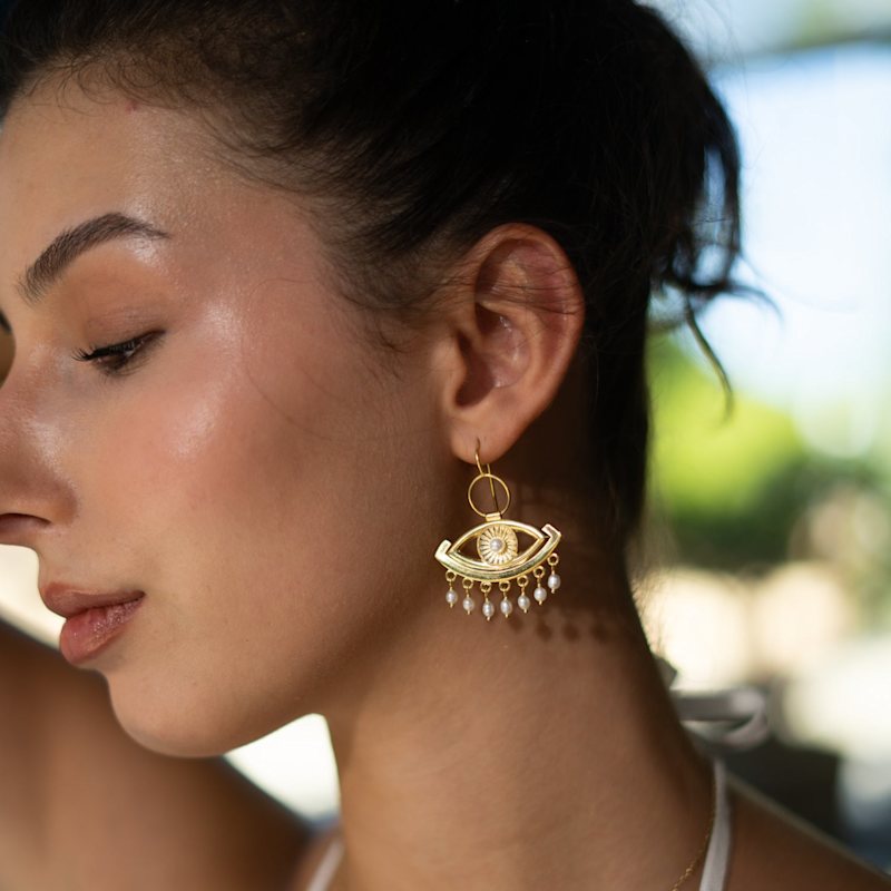 Thumbnail of Pearl Vision Evil Eye Gold Dangle Earrings - Gold image