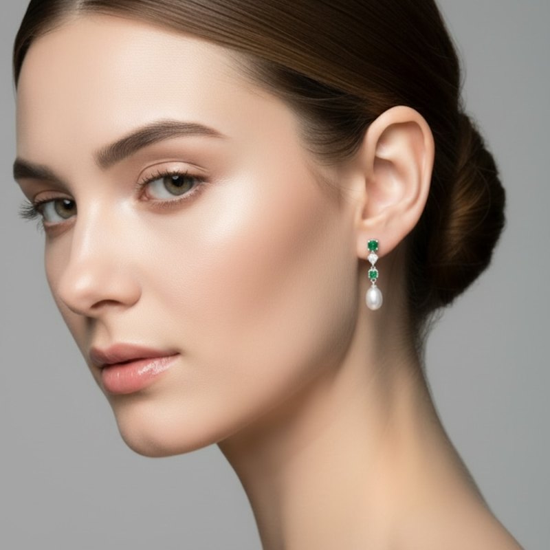 Thumbnail of Pearl Whisper Drop Earrings Emerald Silver image