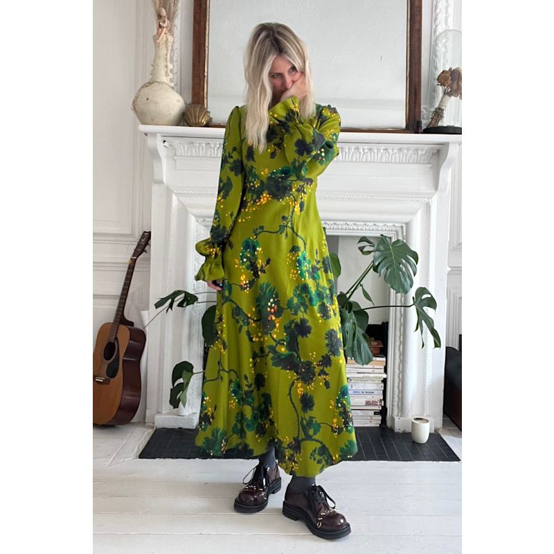 Klements Peggy Silk Dress in Gothic Floral Print - Green