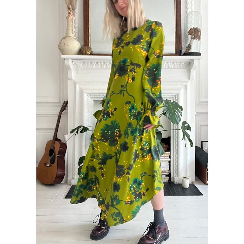 Thumbnail of Peggy Silk Dress In Gothic Floral Acid Ochre image