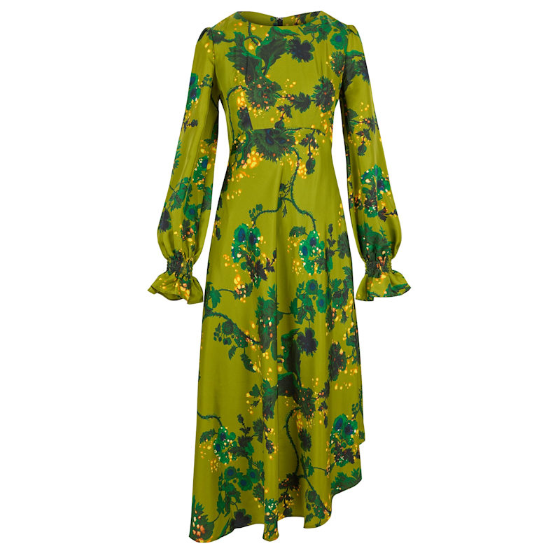 Thumbnail of Peggy Silk Dress In Gothic Floral Acid Ochre image