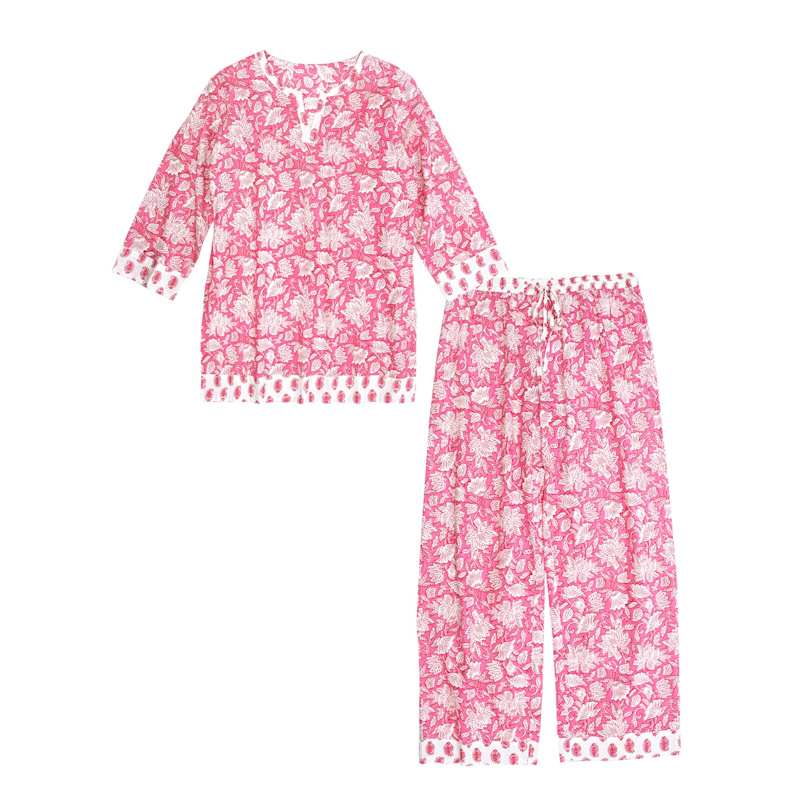 Inara Pink / White Indian Cotton Peony Paisley Women Pyjama Set - Pink/White