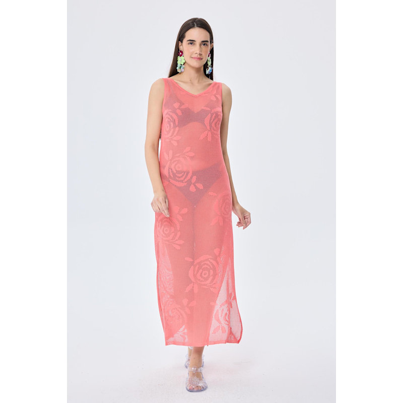 Thumbnail of Honeymoon Openwork Knit Beach Dress In Coral image