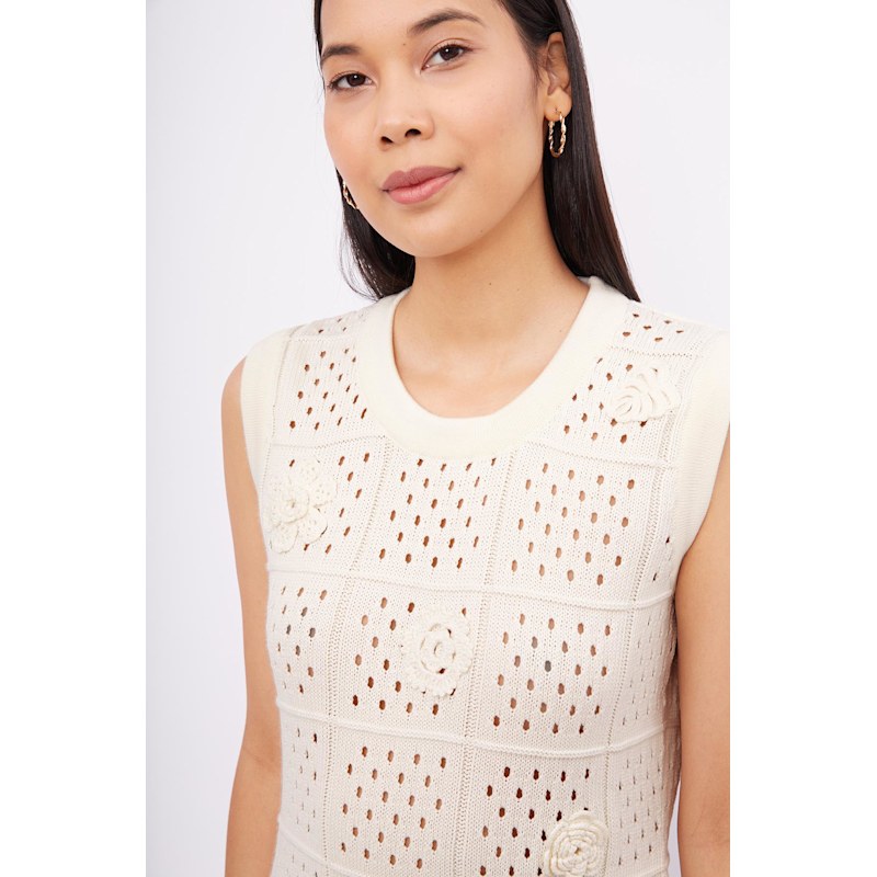 Women's White Isabel Openwork Hand Embroidered Knit Dress in Ecru | Medium | Peraluna