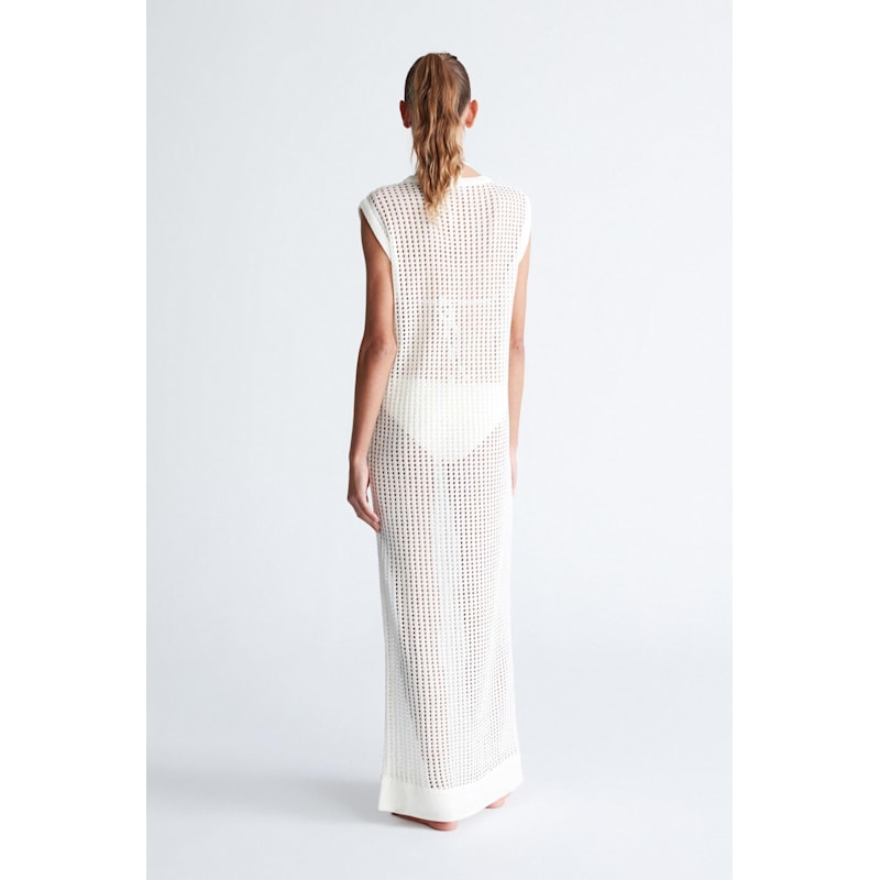 Peraluna Pearl O-Neck Eyelet Knit Maxi Dress - White