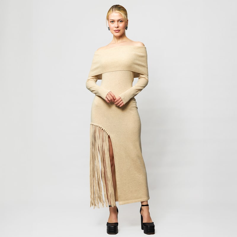 knee length dresses for ladies Funnel Neck Cashmere Sweater Dress with Cap Sleeves