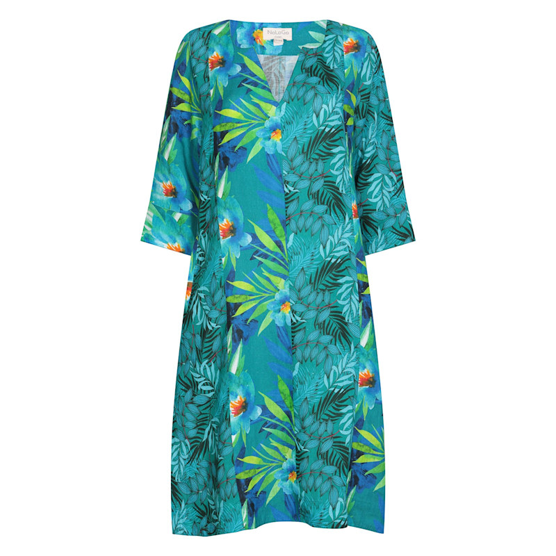 Nologo-Chic Persian Leaf Zen Linen Dress - Blue