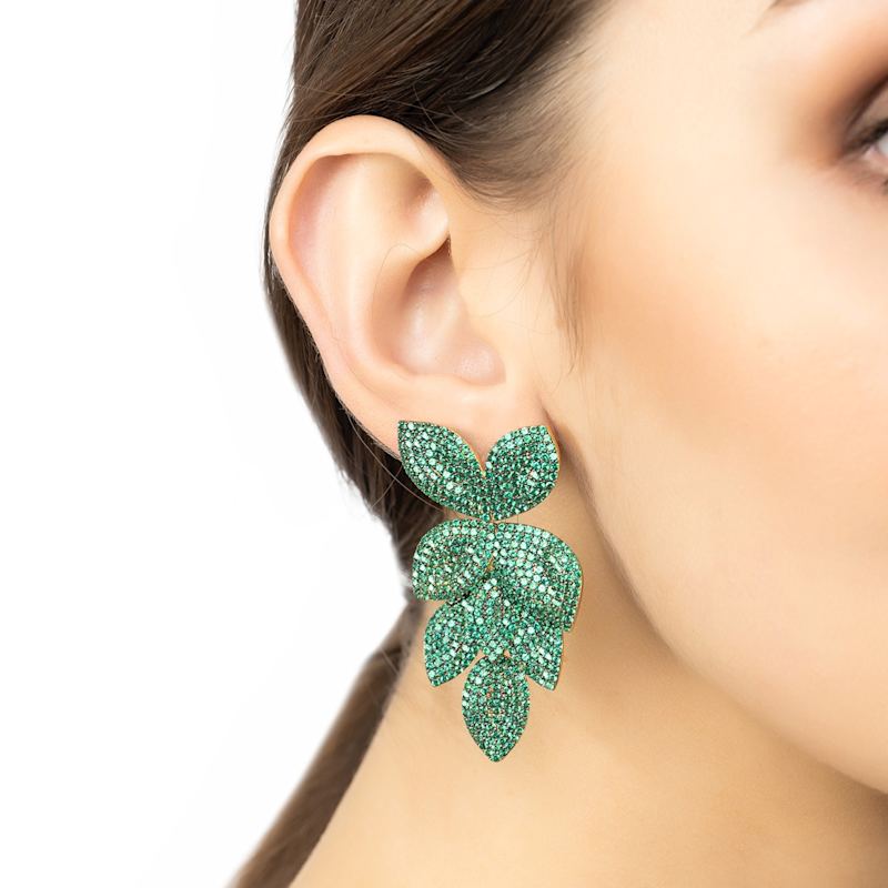 Thumbnail of Petal Cascading Flower Earrings Gold Emerald Green image