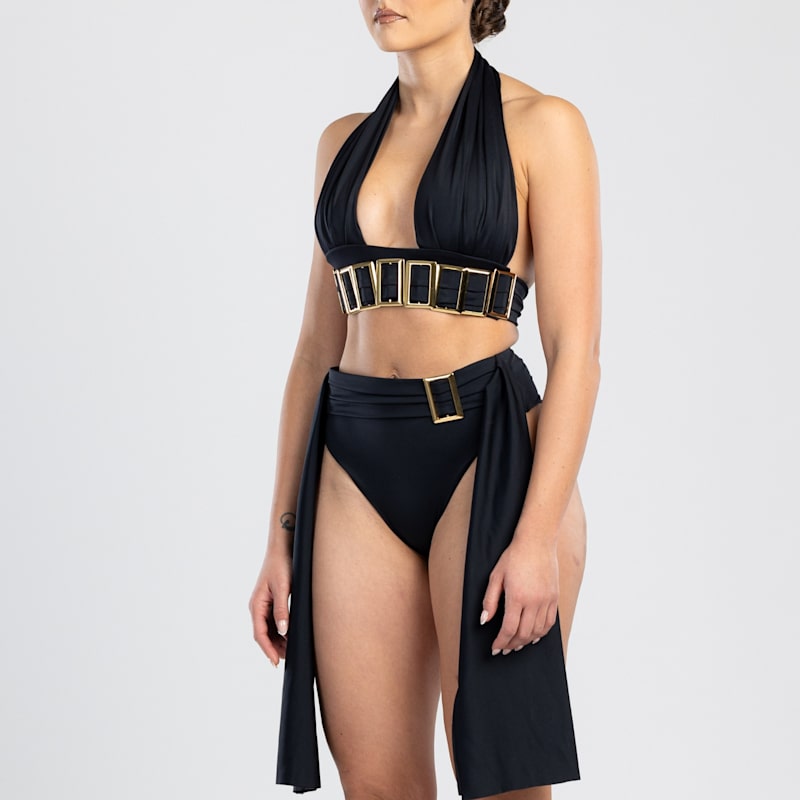 Thumbnail of Petisa Halter Neck Bikini Top With Golden Details In Black image