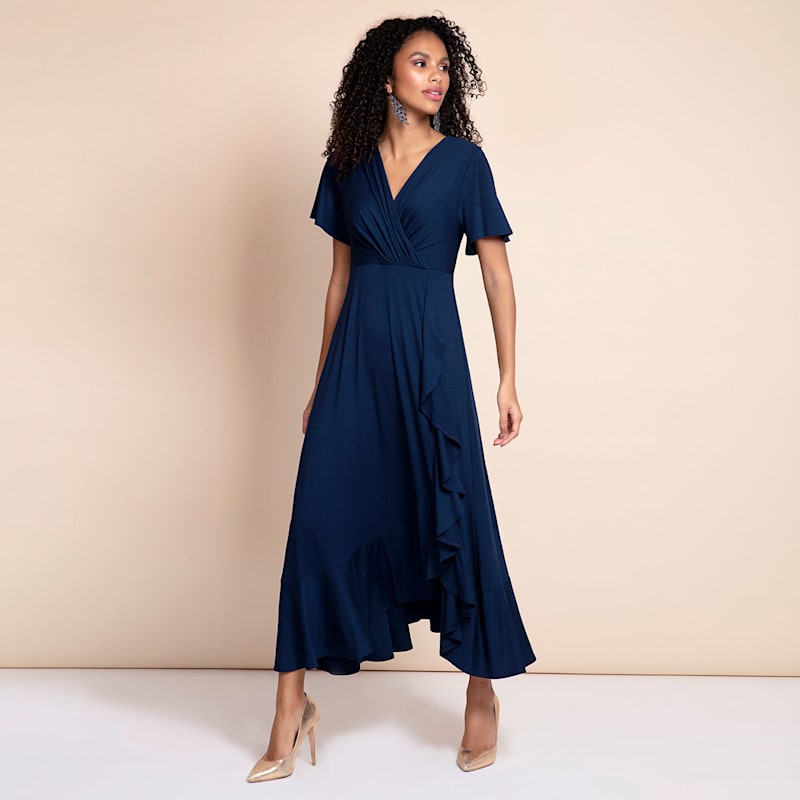 Petite Waterfall Midi Dress In Navy Blue | Alie Street London